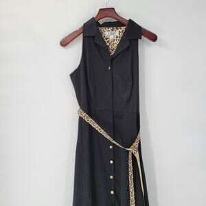 Vintage Clues Collection Womens Dress 10 Black Leopard Belt Button Up 90s